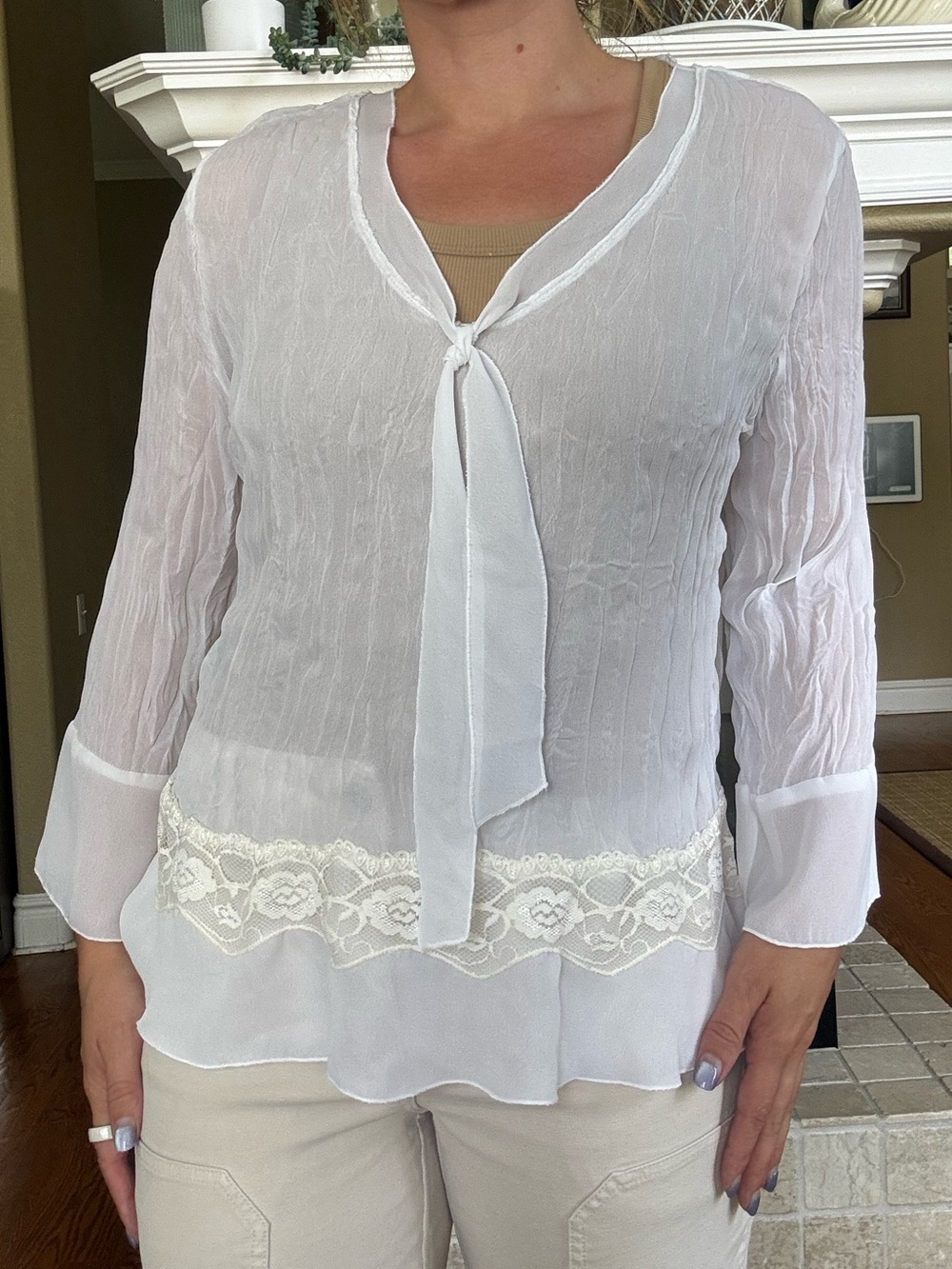 Michele Michelle white sheer y2k blouse v neck crinkle flutter sleeve